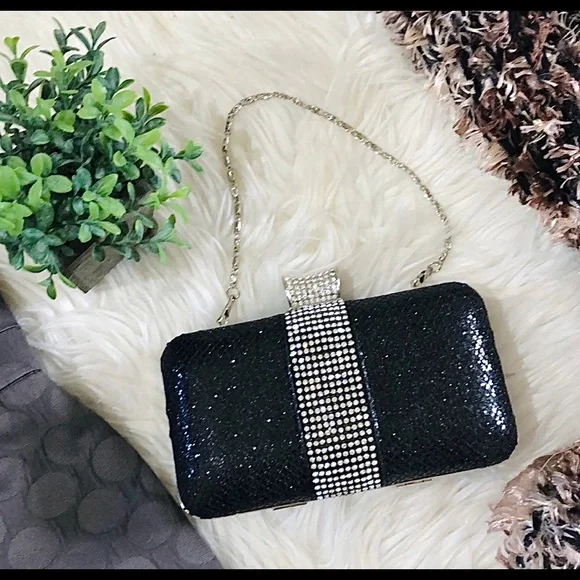 CRYSTAL ENCRUSTED EVENING BAG beaded EVENING BAG black w chain TIMELESS CLASSIC - Picture 2 of 10